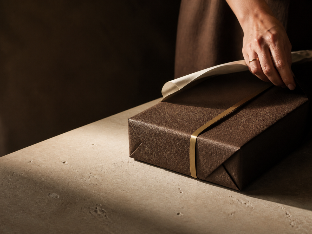A luxury gift being wrapped in warm natural light
